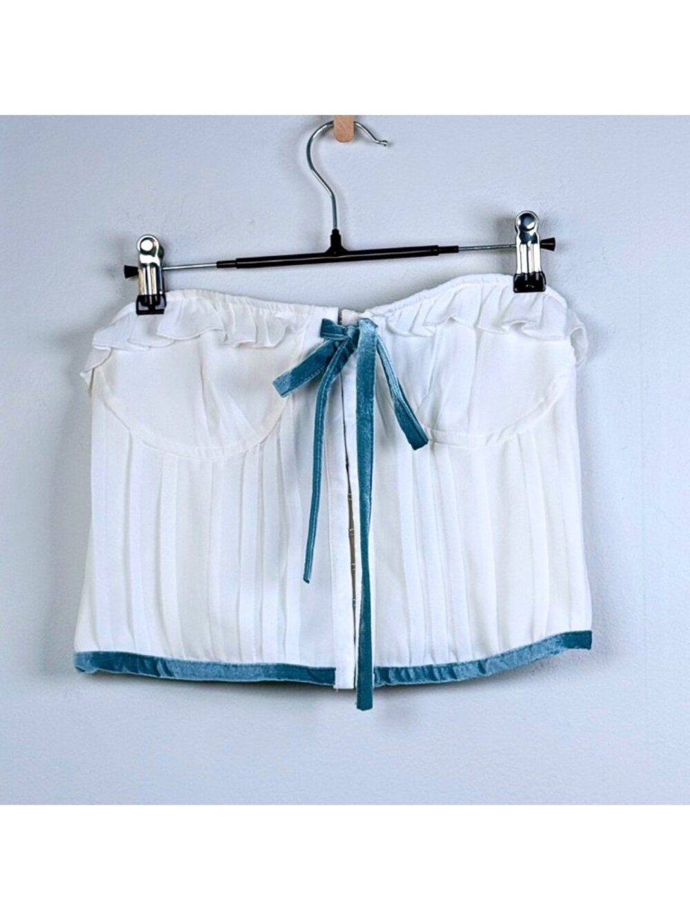 NWT Pacsun Strapless White Corset Top Small Blue Velvet Ruffles Boned Coquette